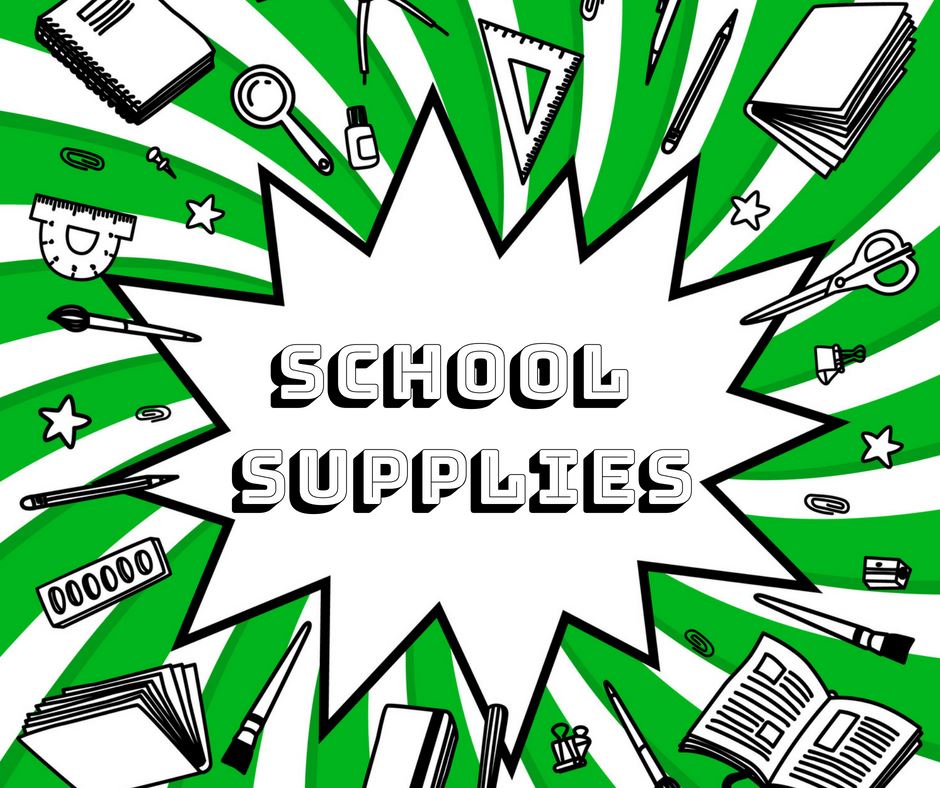  School Supplies logo green and black. 
